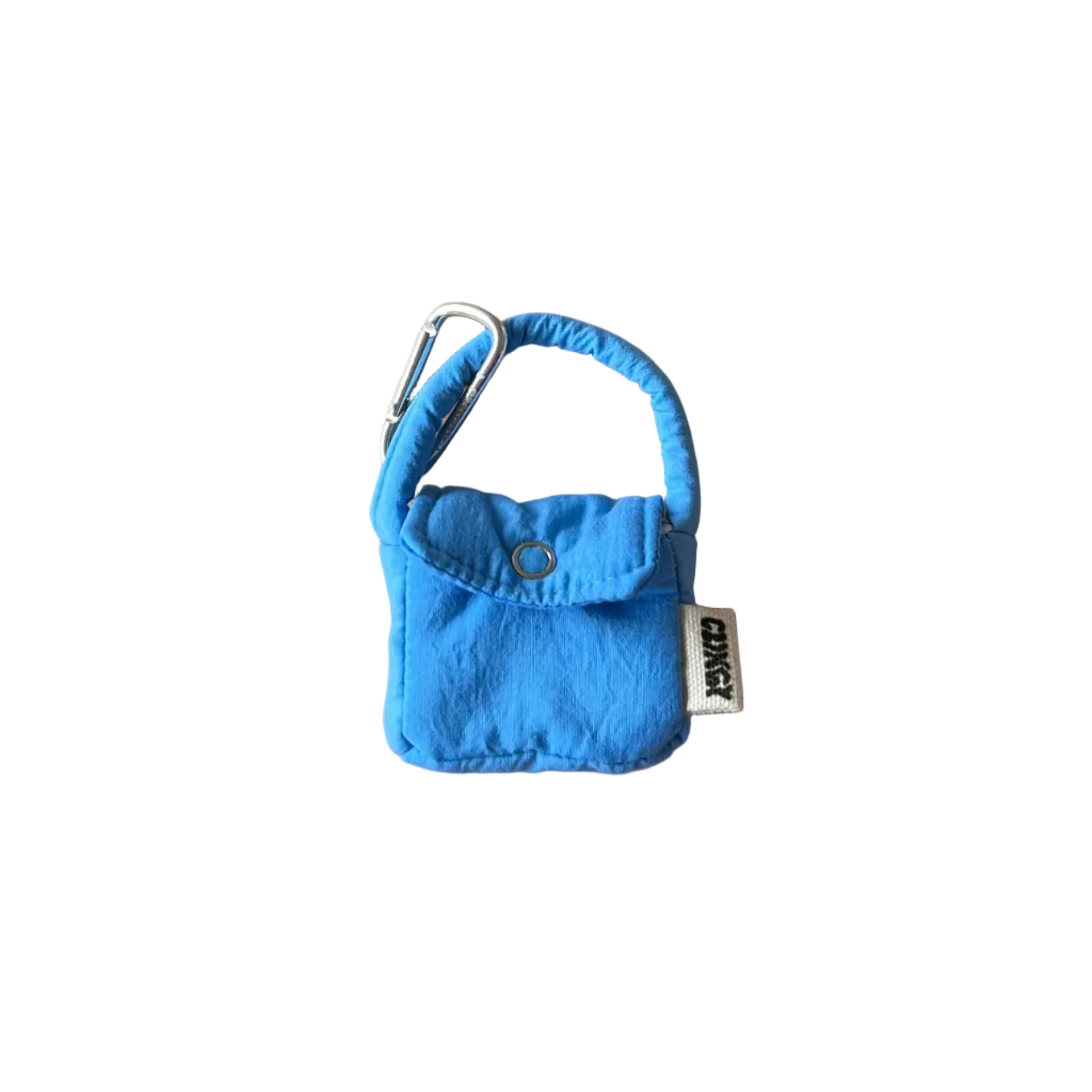 blue ear buds case with caribiner