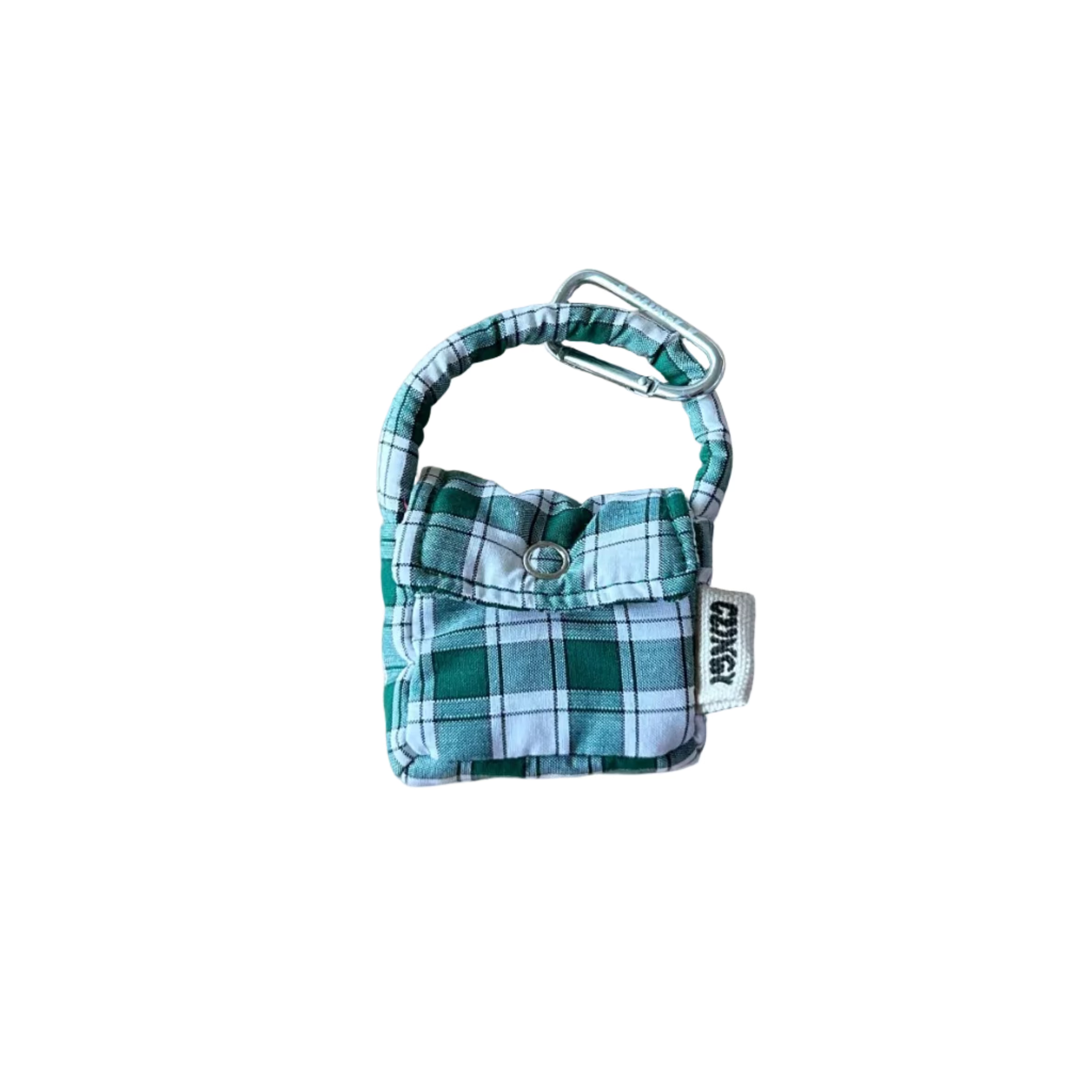 Small green and white checkered bag with carabiner